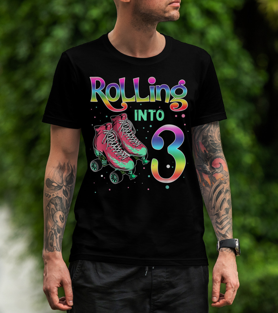 Rolling Into 3 Kids 3rd Birthday Roller Skates T-Shirt