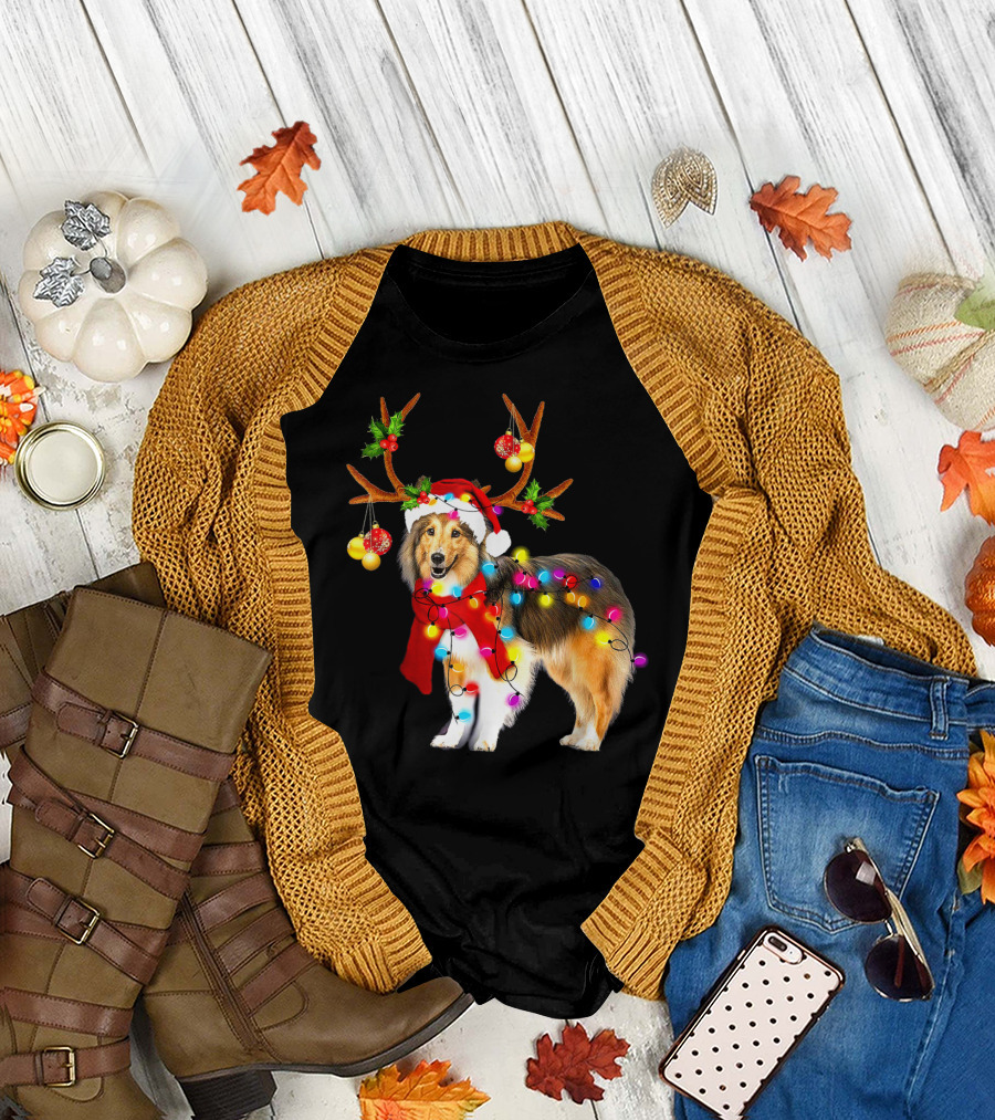Christmas Sheltie Dog in Santa Hat with Reindeer Antlers and Colorful String Lights T-Shirt