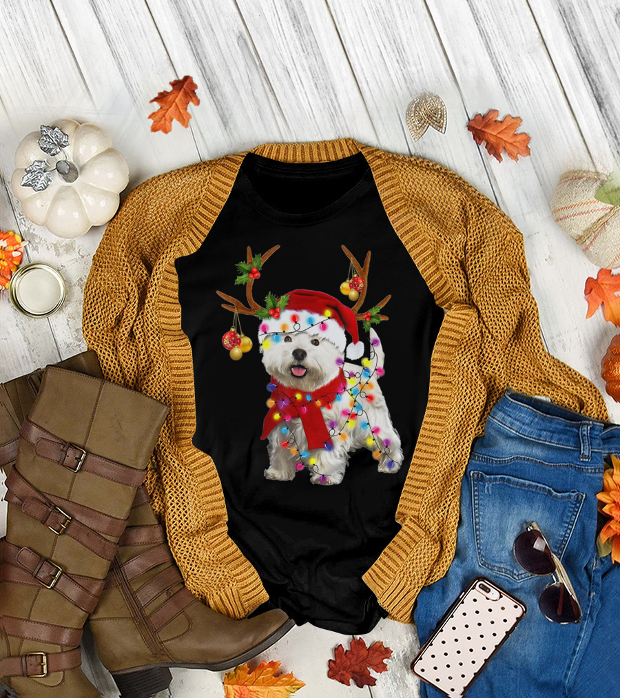 Santa Westie Dog Reindeer Lights Holiday T-Shirt