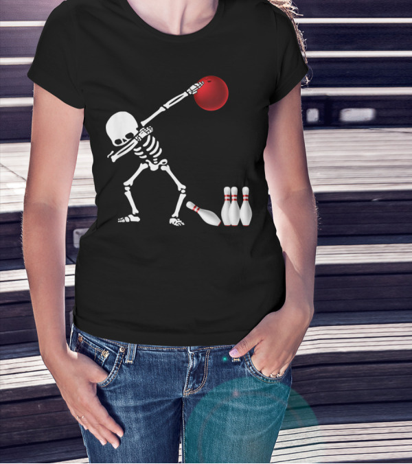 Skeleton Bowler Dabbing With Red Bowling Ball And Pins Fun Bones Lover T-Shirt