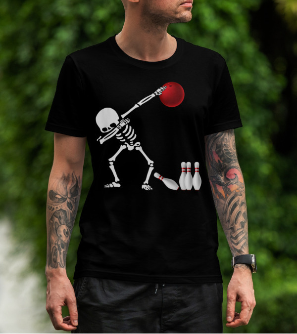 Skeleton Bowler Dabbing With Red Bowling Ball And Pins Fun Bones Lover T-Shirt