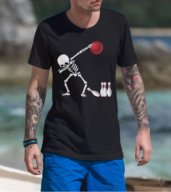 Skeleton Bowler Dabbing With Red Bowling Ball And Pins Fun Bones Lover T-Shirt