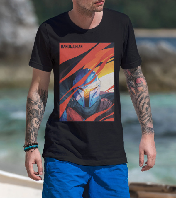 Star Wars The Mandalorian Helmet With Red And Orange Abstract Waves T-Shirt