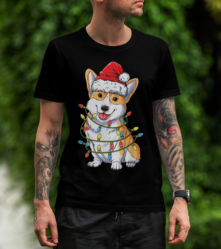 Corgi Santa Hat Wrapped In Christmas Tree Lights T-Shirt