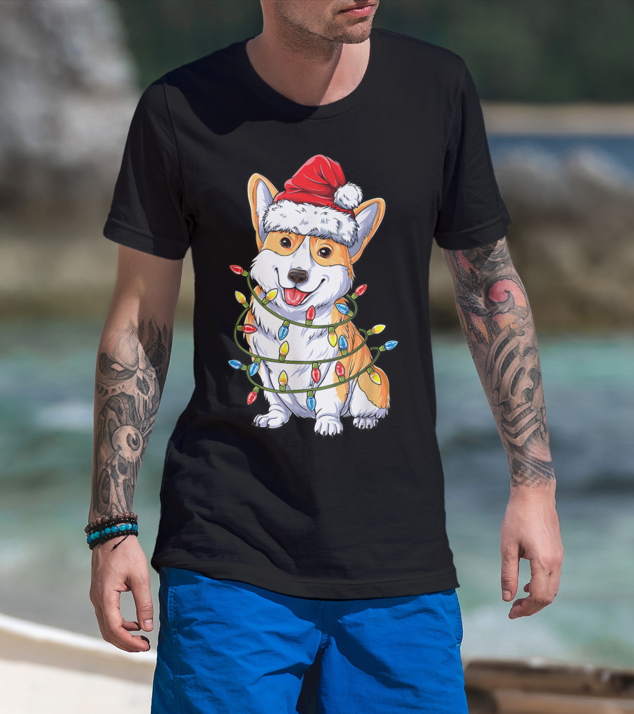 Corgi Santa Hat Wrapped In Christmas Tree Lights T-Shirt