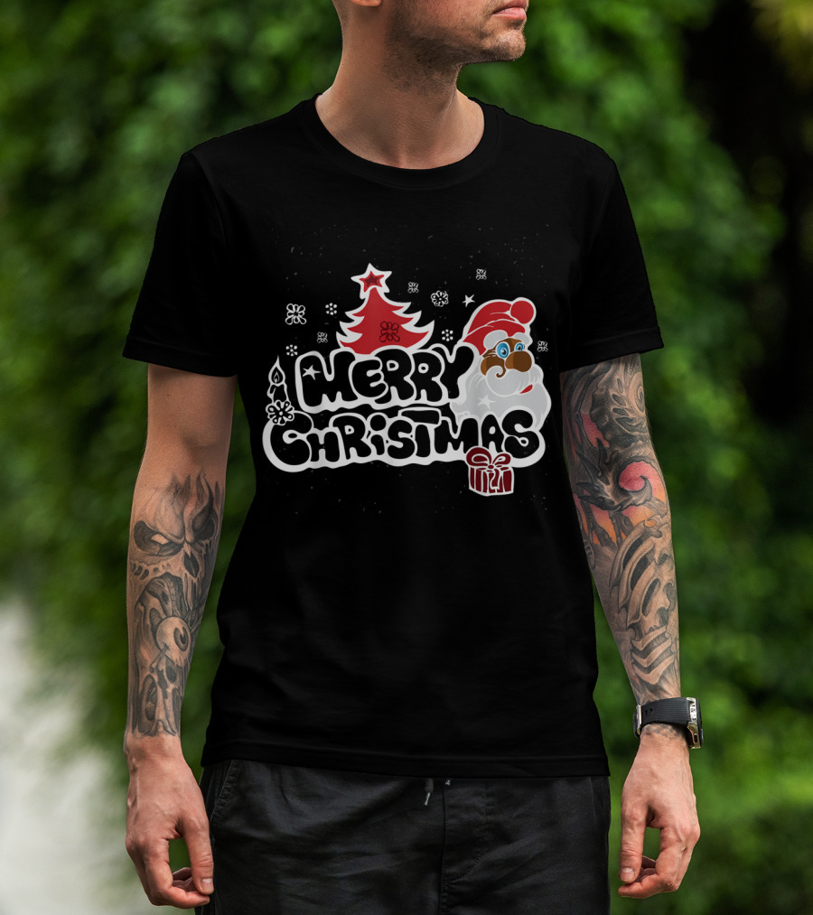 Merry Christmas Santa Red Tree Gift Black Holiday T-Shirt