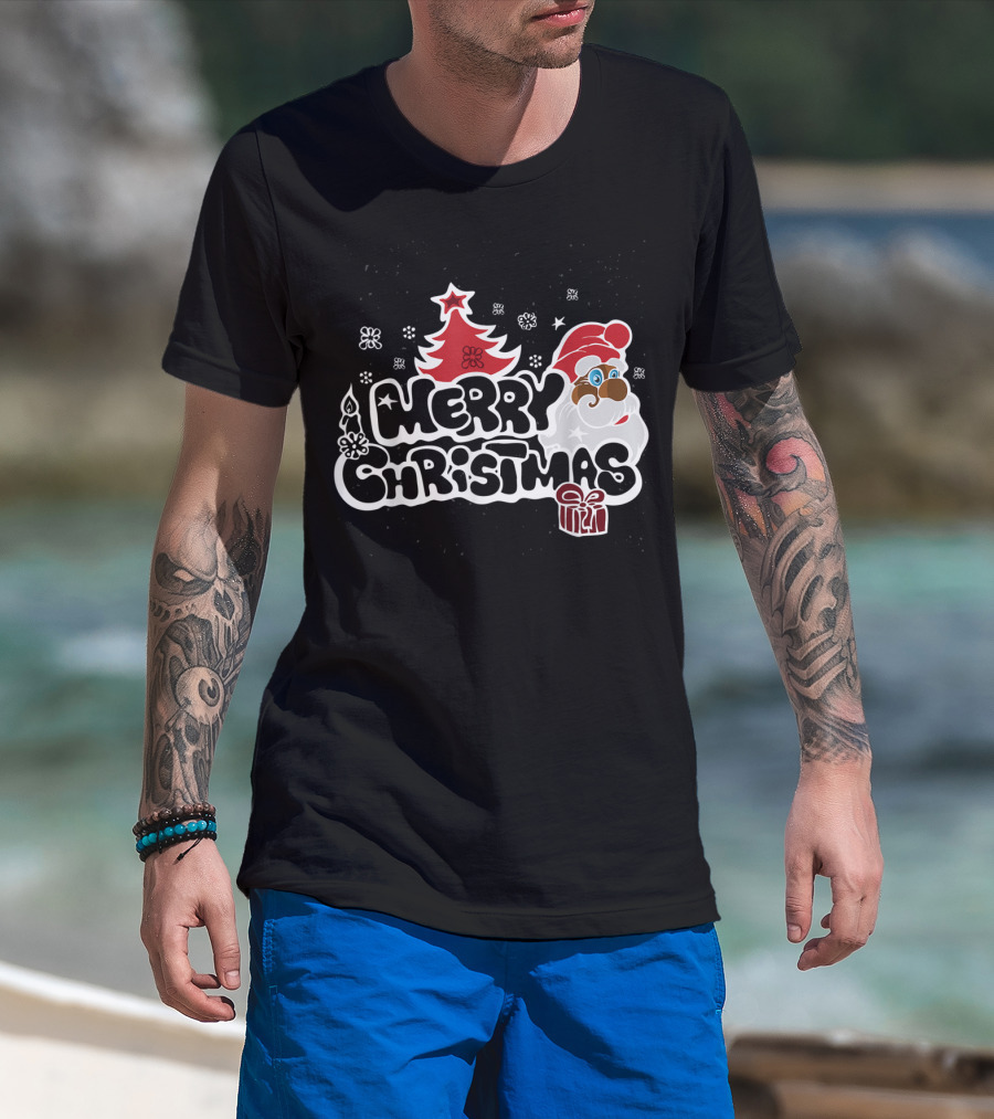 Merry Christmas Santa Red Tree Gift Black Holiday T-Shirt