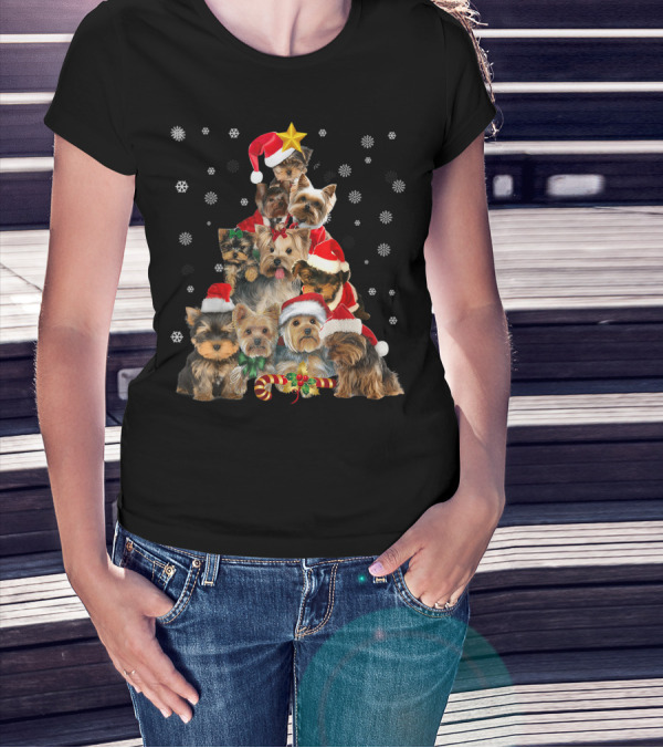 Yorkie Christmas Tree With Santa Hats And Candy Canes T-Shirt