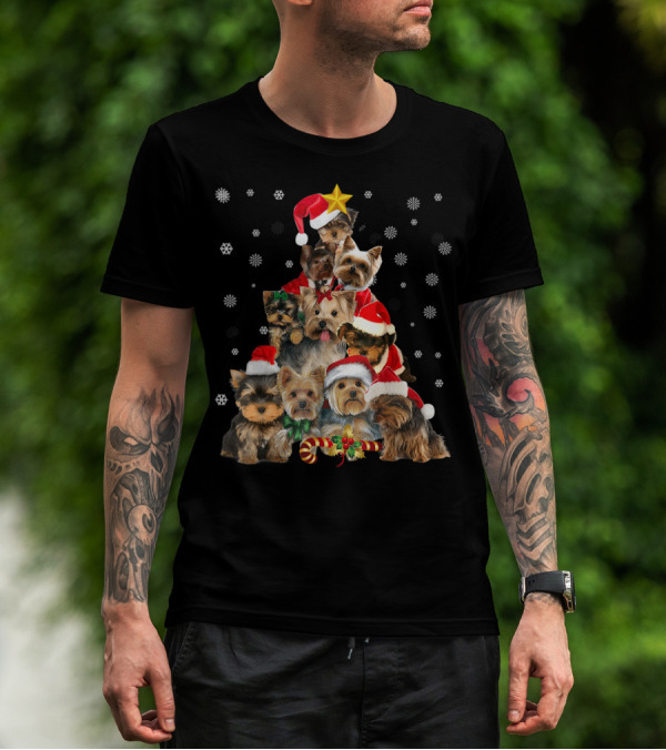 Yorkie Christmas Tree With Santa Hats And Candy Canes T-Shirt