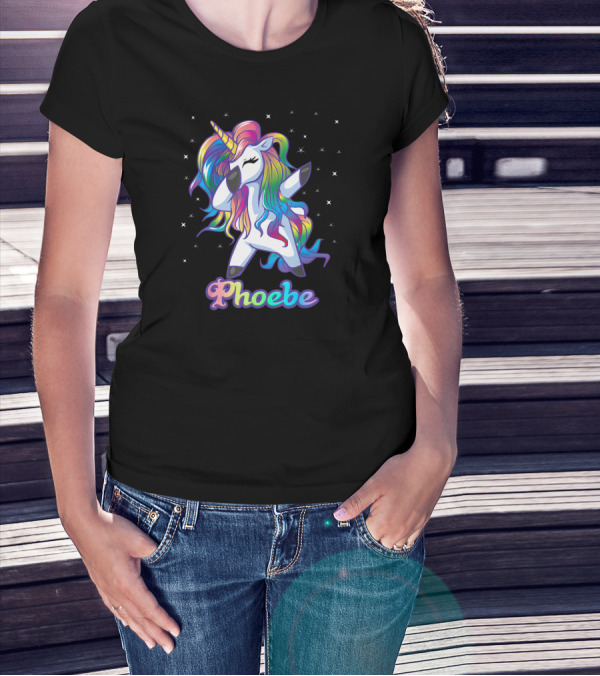 Phoebe Name Personalized Rainbow Unicorn Dabbing Stars T-Shirt