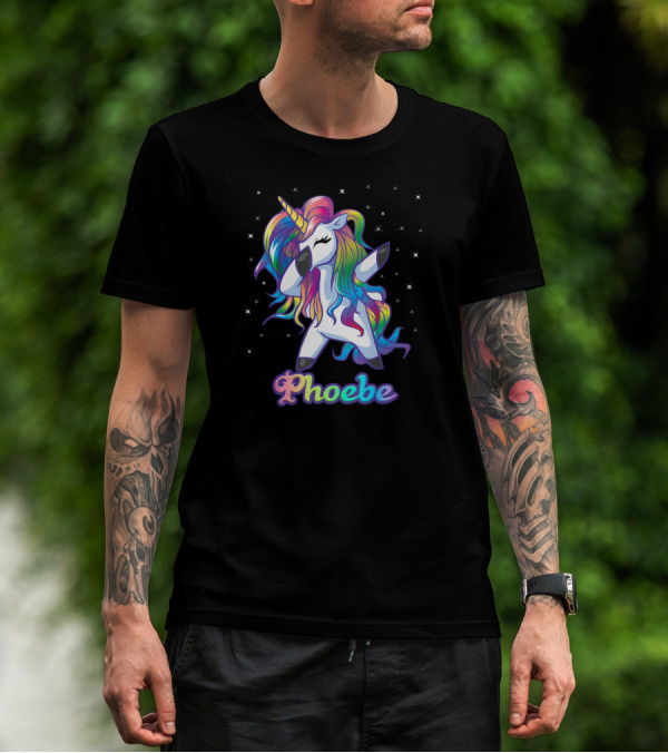 Phoebe Name Personalized Rainbow Unicorn Dabbing Stars T-Shirt