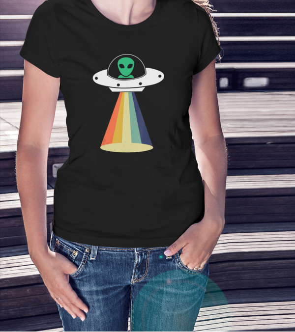Rainbow Beam UFO Alien Christmas Outerspace Visitor T-Shirt