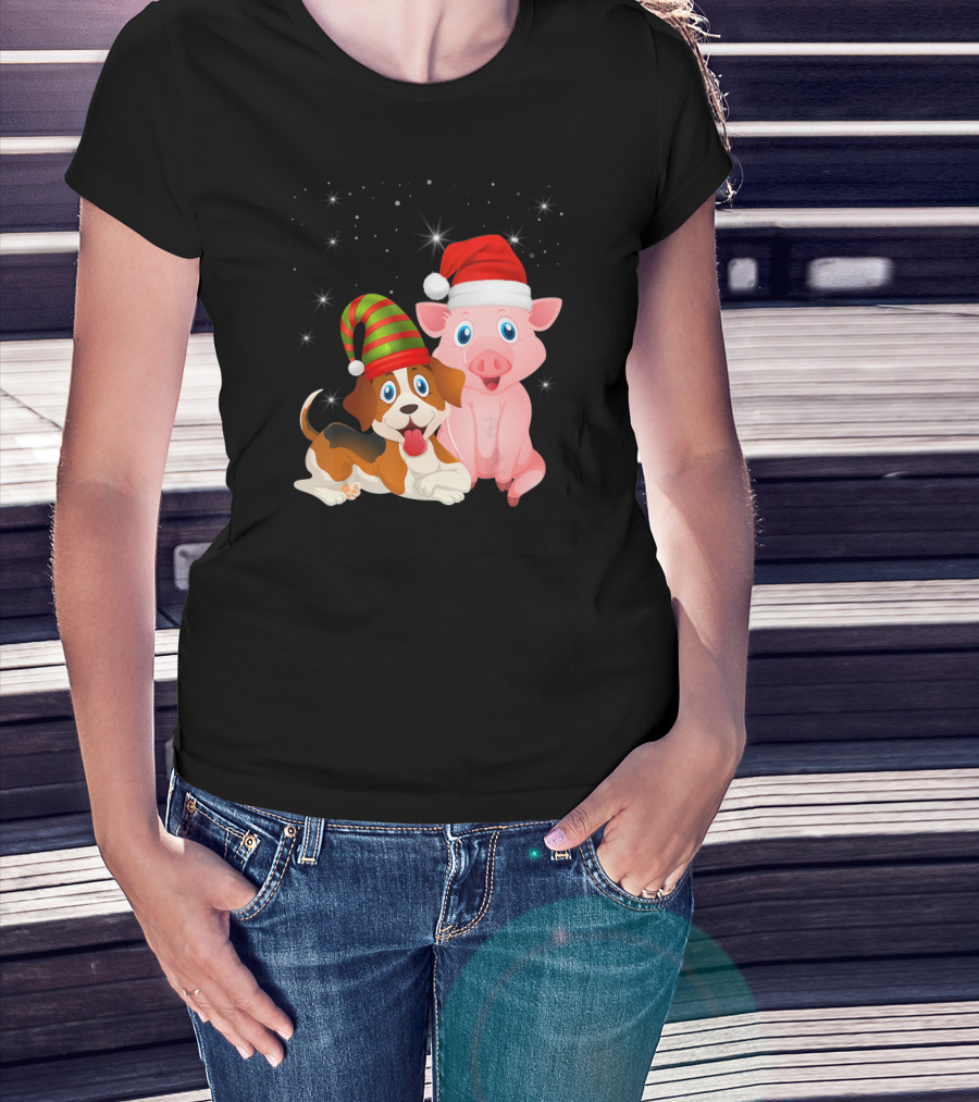 Christmas Festive Dog Pig Santa Hats T-Shirt