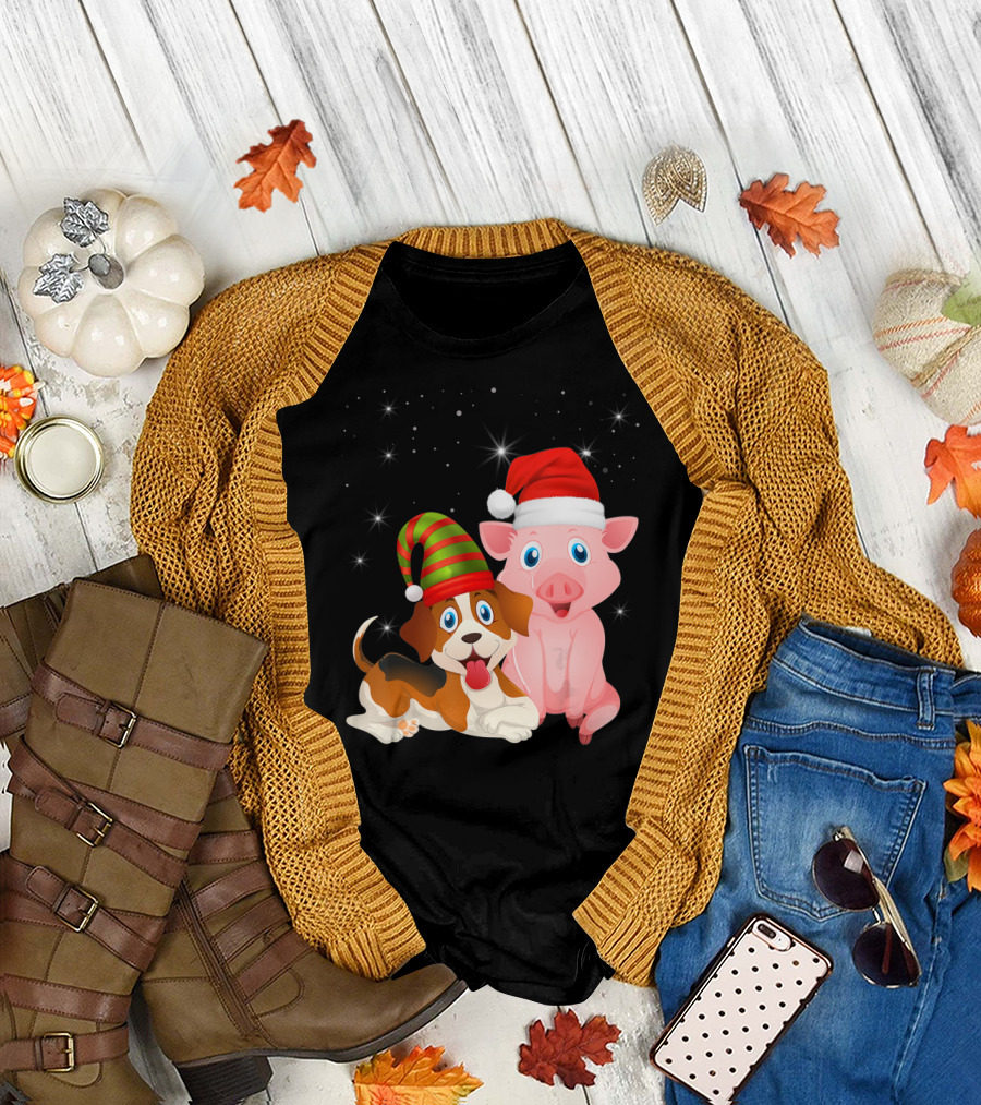 Christmas Festive Dog Pig Santa Hats T-Shirt