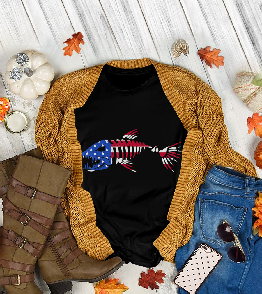 Patriotic Fish Skeleton with American Flag Colors T-Shirt