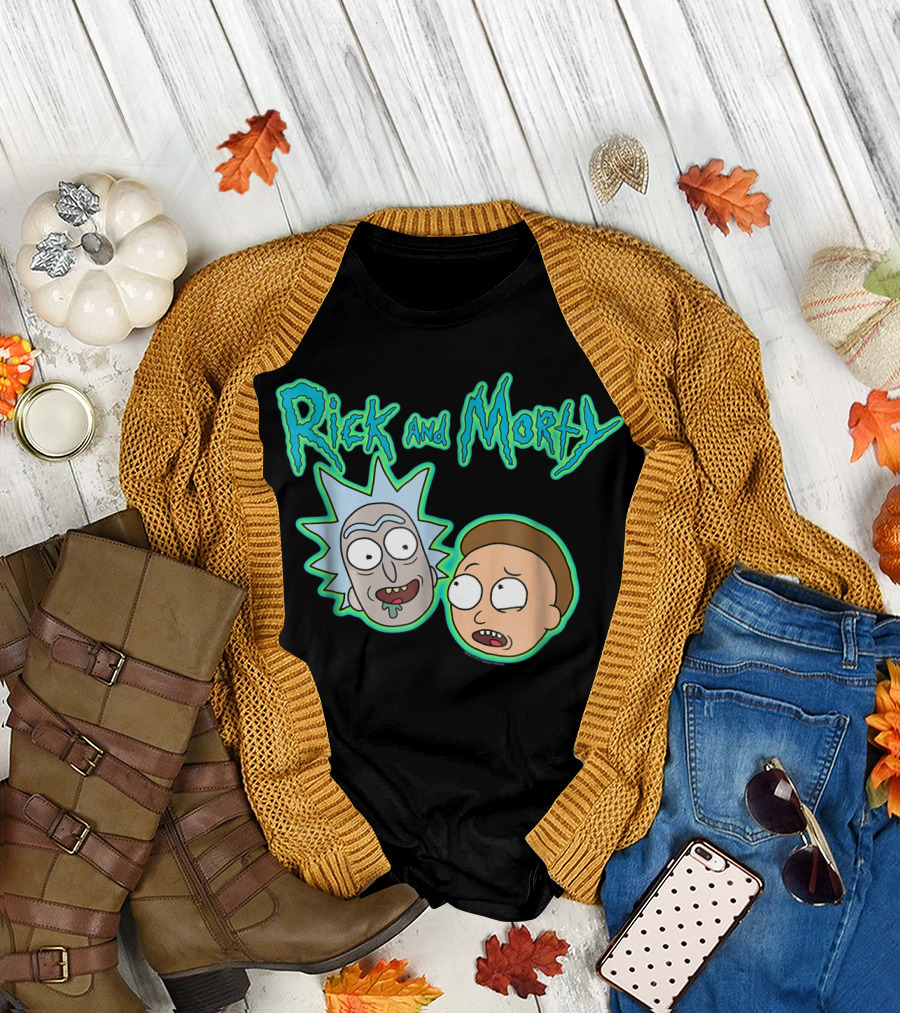 Rick and Morty Heads and Logo Iconic Characters Text T-Shirt