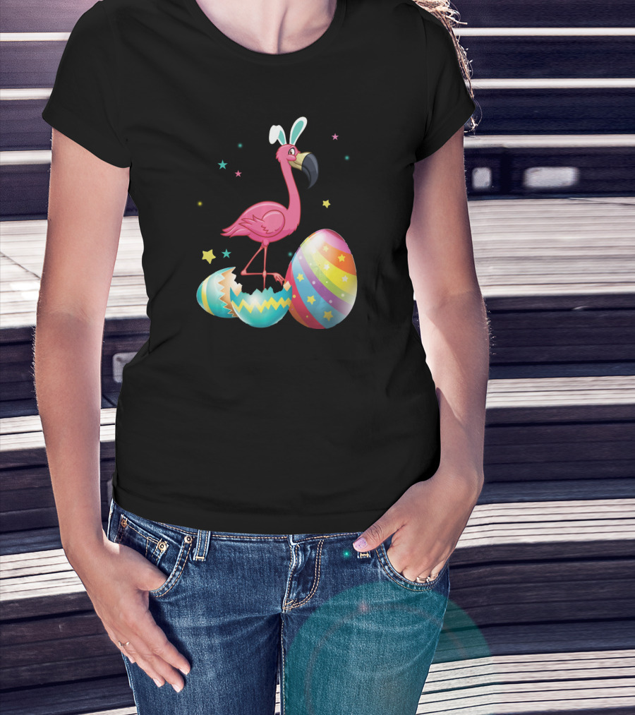 Flamingo Bunny Ears With Colorful Easter Eggs And Stars T-Shirt