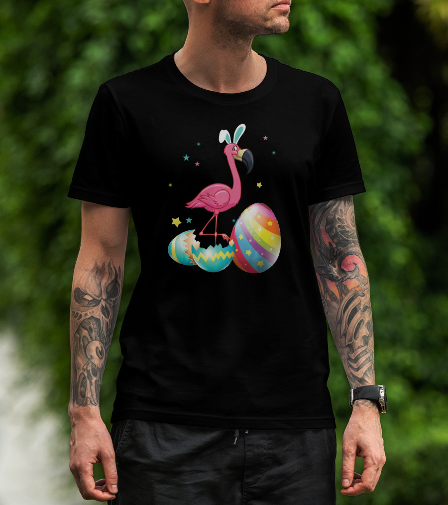 Flamingo Bunny Ears With Colorful Easter Eggs And Stars T-Shirt