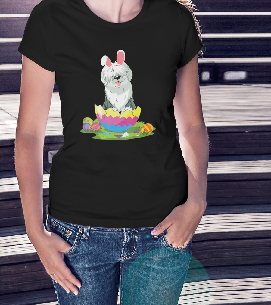 Old English Sheepdog Bunny Ears Easter Egg Scene T-Shirt