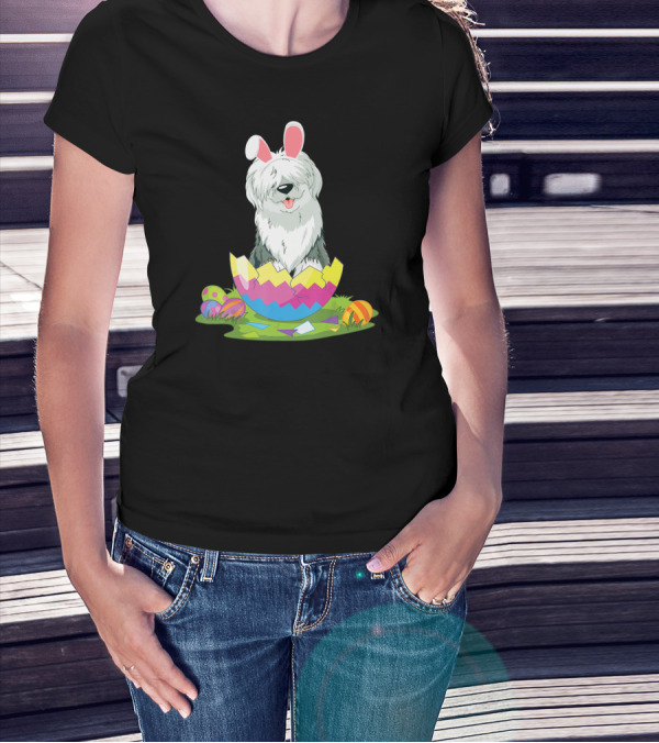 Old English Sheepdog Bunny Ears Easter Egg Scene T-Shirt
