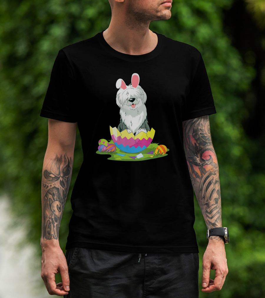 Old English Sheepdog Bunny Ears Easter Egg Scene T-Shirt