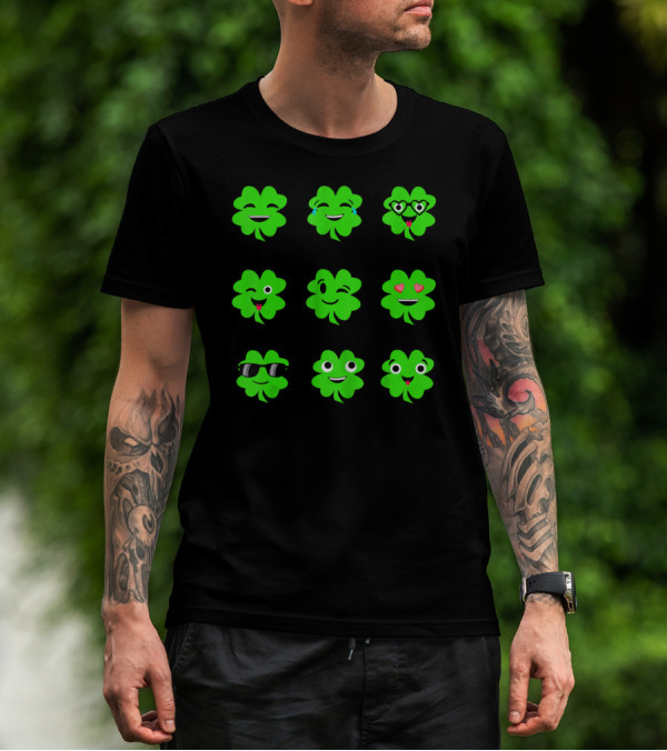 St Patricks Day Irish Shamrock Emoji Faces With Heart Eyes And Sunglasses T-Shirt