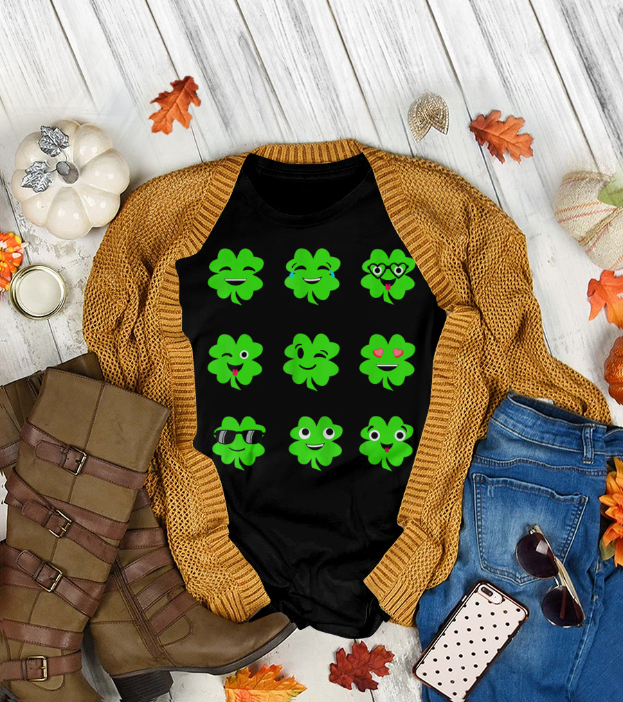 St Patricks Day Irish Shamrock Emoji Faces with Heart Eyes and Sunglasses T-Shirt