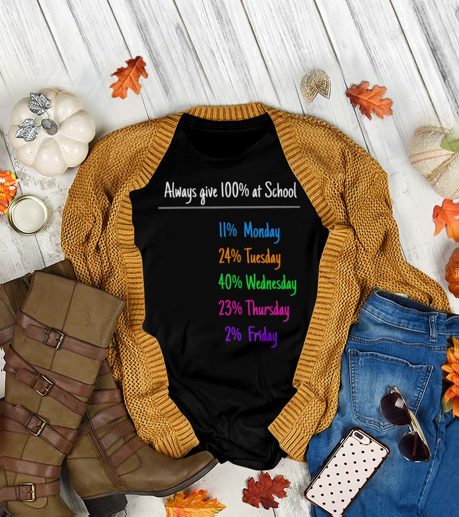 Always Give 100% at School Humor Monday to Friday Percentages T-Shirt