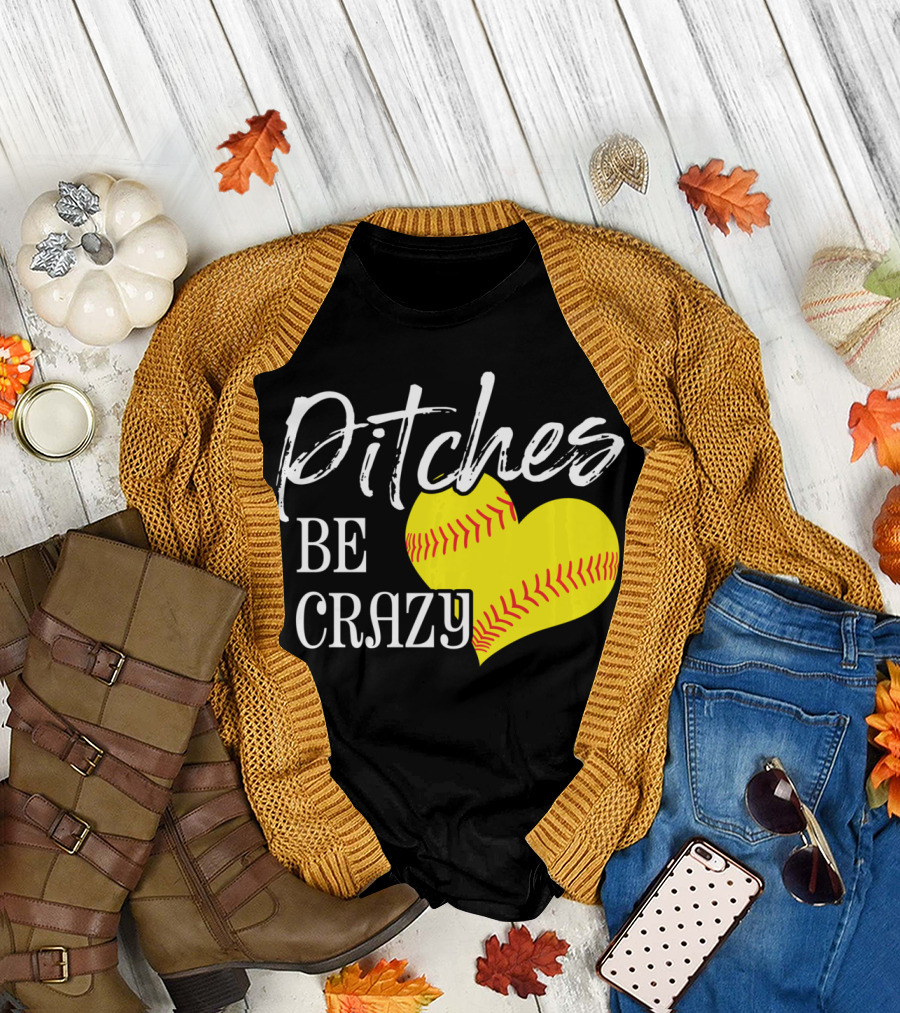 Pitches Be Crazy Softball Heart T-Shirt