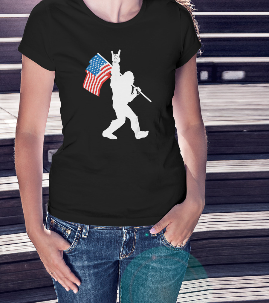 Bigfoot Rock Roll USA Flag Sasquatch Rock And Roll Gesture T-Shirt