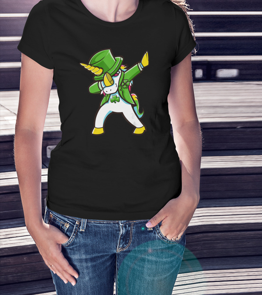 St Patricks Unicorn Dabbing Shamrock Hat Green Jacket T-Shirt