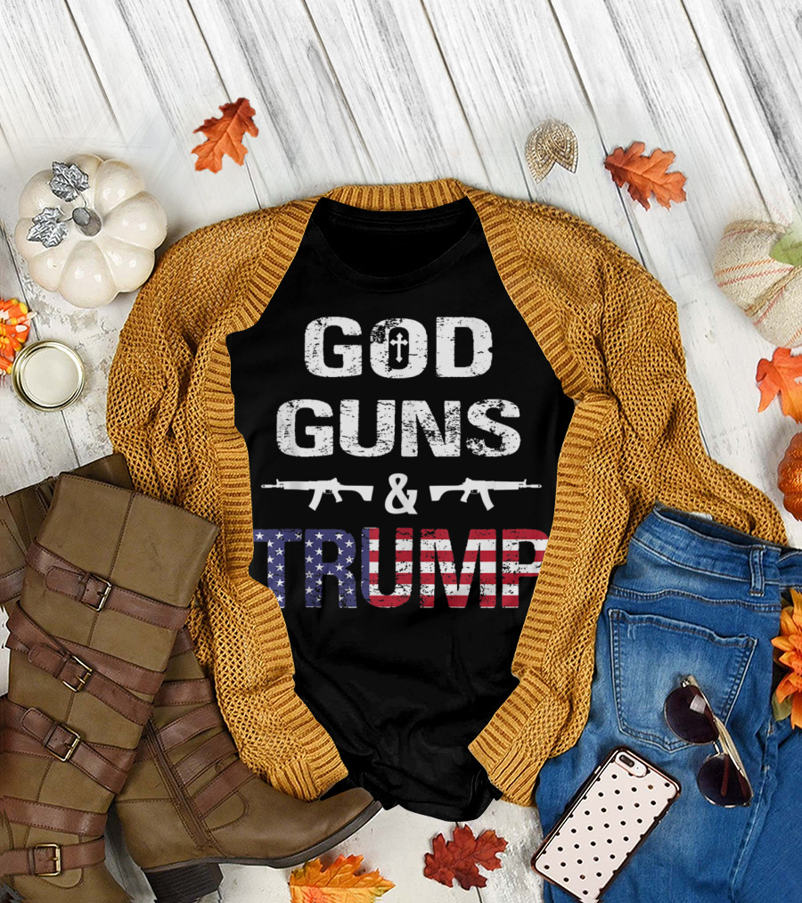 GOD GUNS AND TRUMP AMERICAN FLAG CROSS RIFLES T-Shirt
