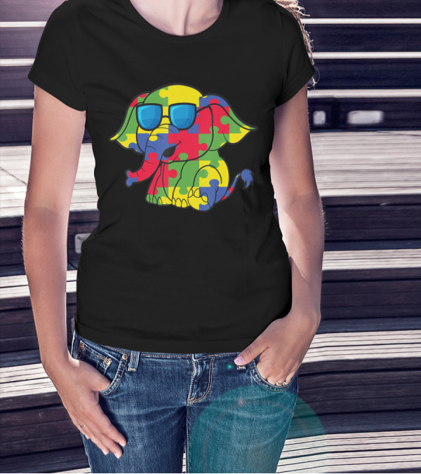 Autism Awareness Puzzle Pattern Elephant With Sunglasses T-Shirt