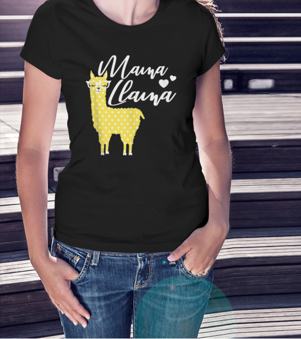 Mama Llama Yellow Polka Dots With Glasses And Hearts T-Shirt