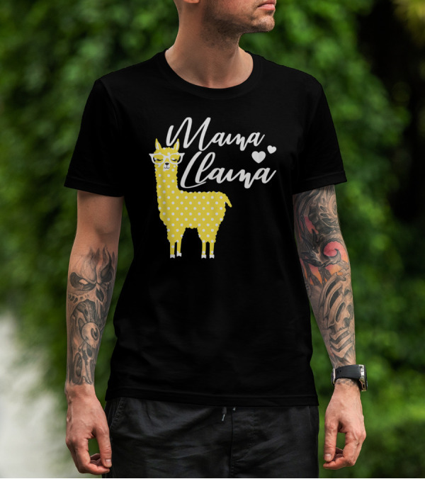 Mama Llama Yellow Polka Dots With Glasses And Hearts T-Shirt
