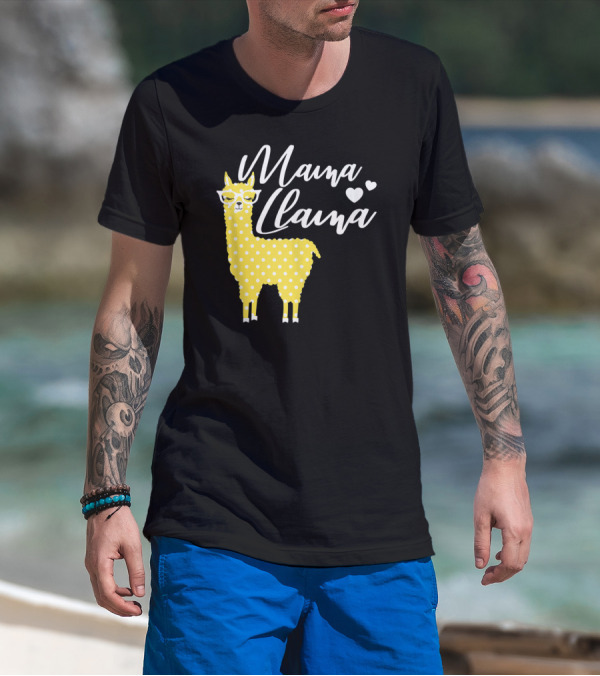 Mama Llama Yellow Polka Dots With Glasses And Hearts T-Shirt