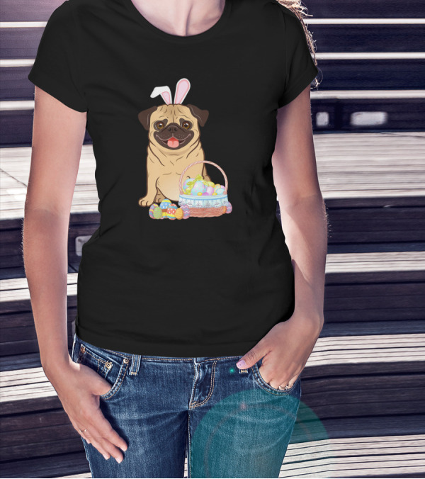 Pug Wearing Bunny Ears With Easter Egg Basket T-Shirt