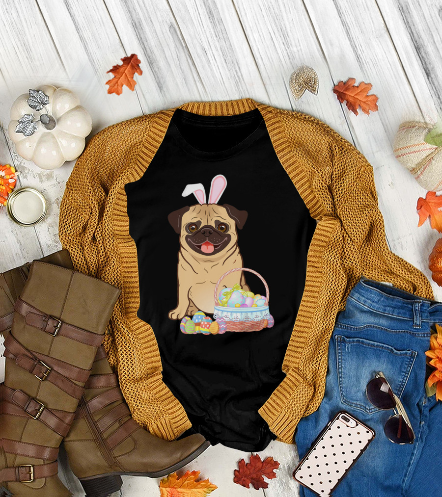 Pug Wearing Bunny Ears with Easter Egg Basket T-Shirt