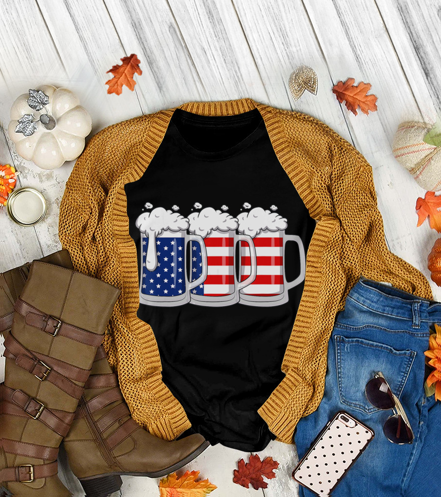4th of July Beer Mugs with USA Flag T-Shirt