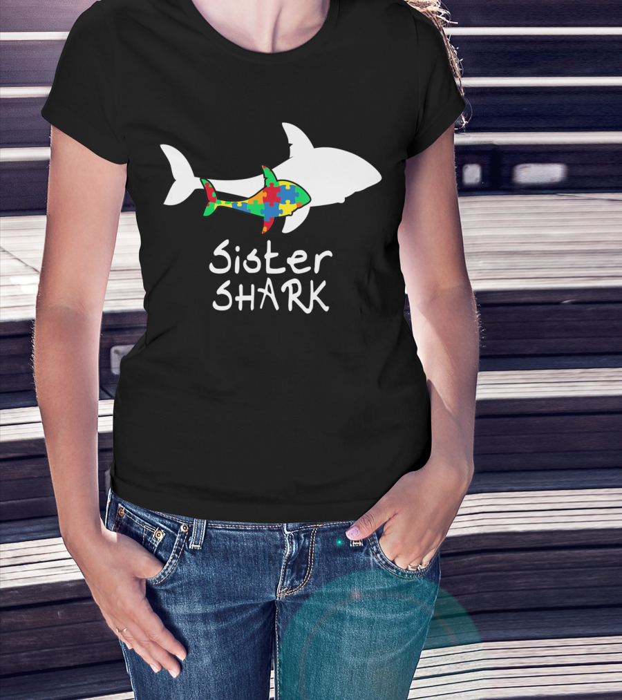 Sister Shark Autism Puzzle Piece Awareness T-Shirt