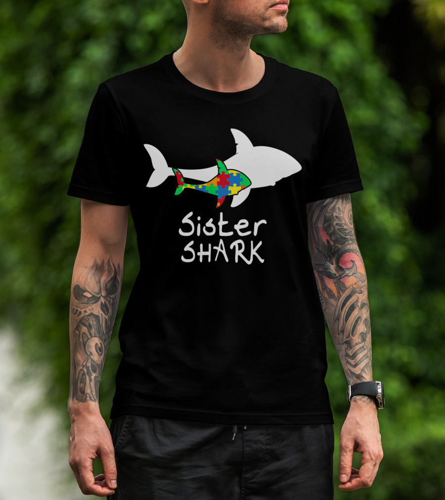 Sister Shark Autism Puzzle Piece Awareness T-Shirt