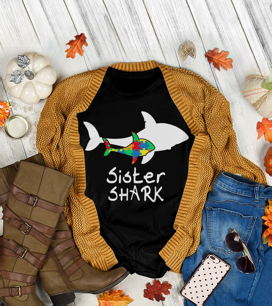 Sister Shark Autism Puzzle Piece Awareness T-Shirt