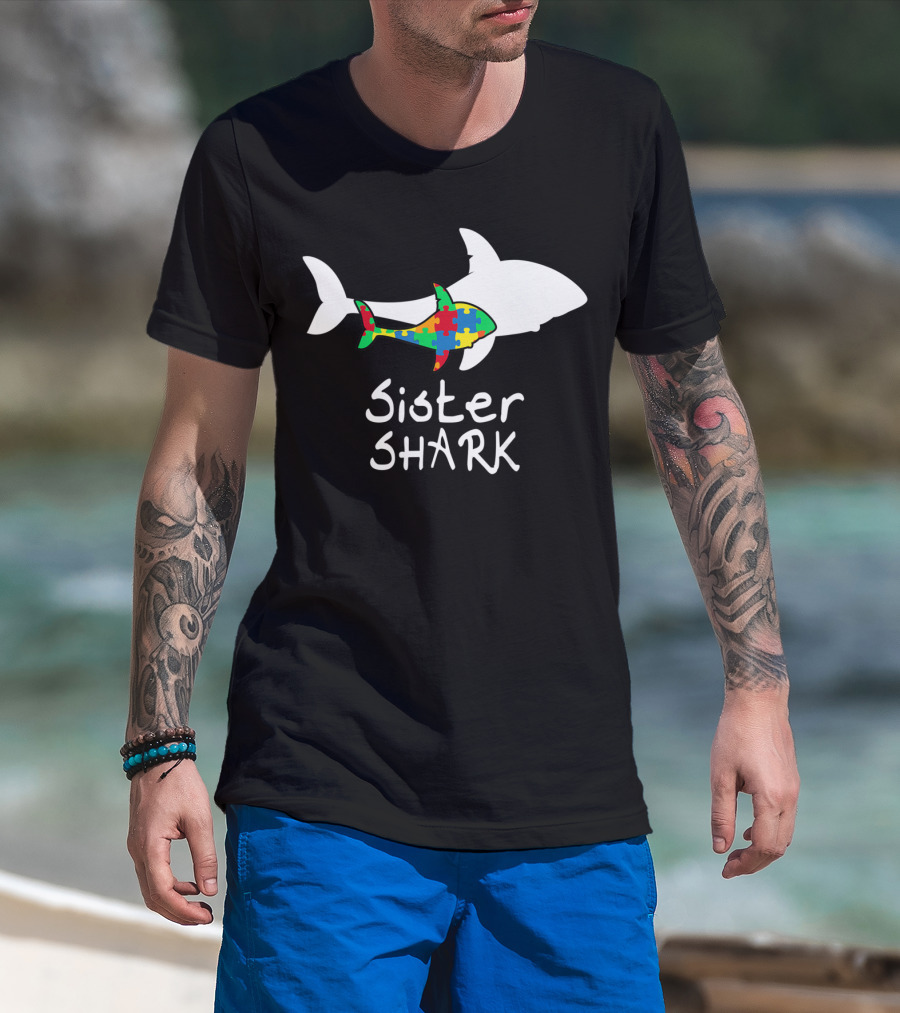 Sister Shark Autism Puzzle Piece Awareness T-Shirt