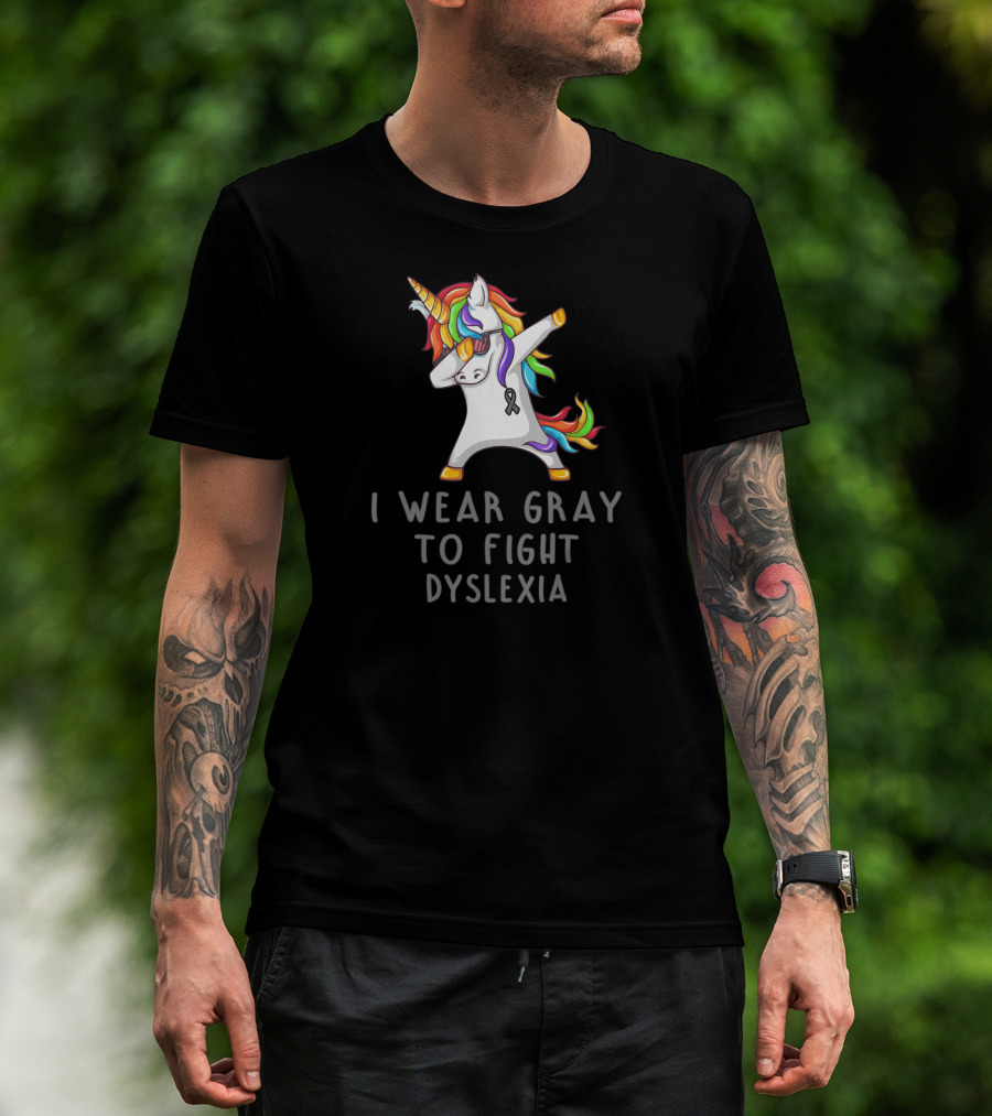 I Wear Gray To Fight Dyslexia Unicorn Rainbow Dabbing T-Shirt