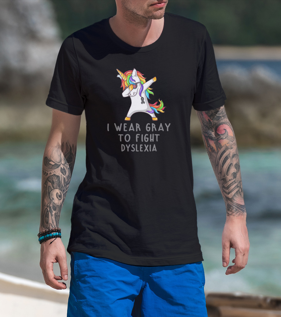 I Wear Gray To Fight Dyslexia Unicorn Rainbow Dabbing T-Shirt
