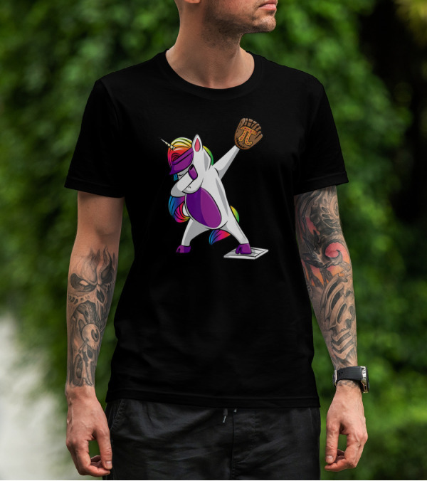 Pi Day Baseball Dabbing Unicorn Rainbow Glove T-Shirt