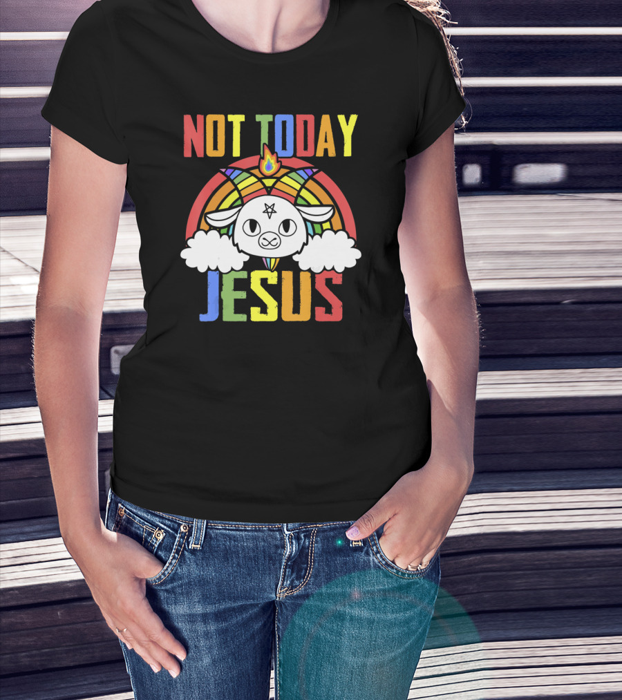 Not Today Jesus Unicorn Rainbow Emblem T-Shirt