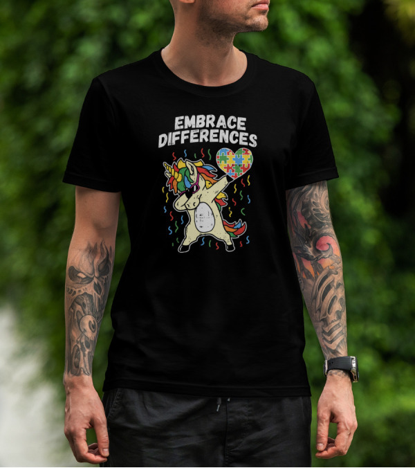 Embrace Differences Dabbing Unicorn Puzzle Heart Autism T-Shirt
