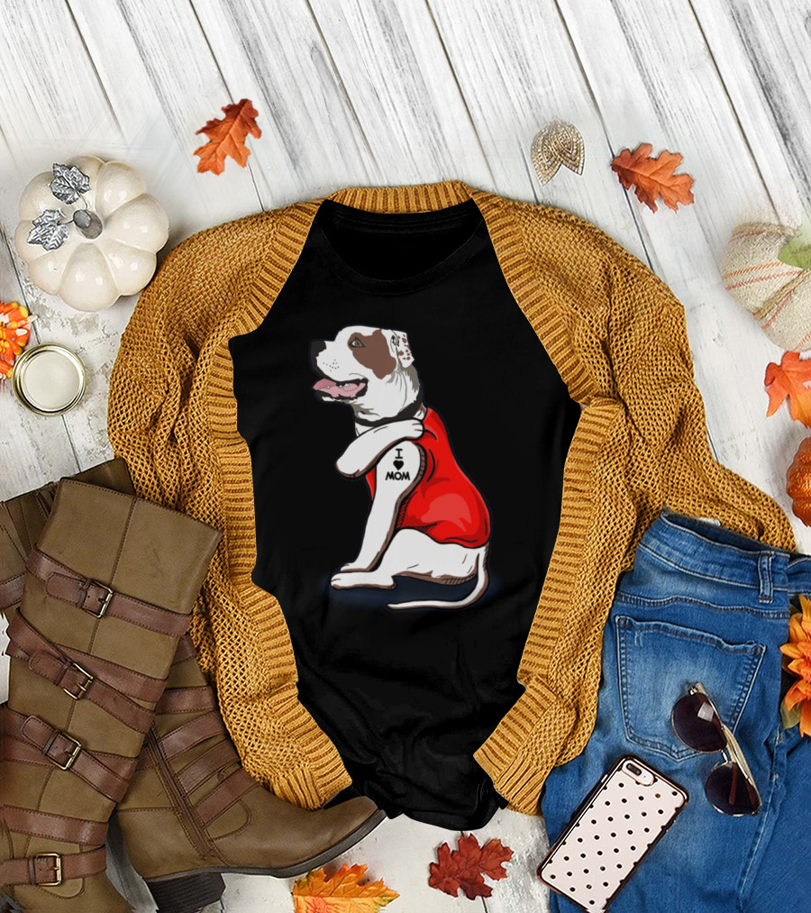 American Bulldog Wearing I Love Mom Tattoo Paw Sleeve T-Shirt