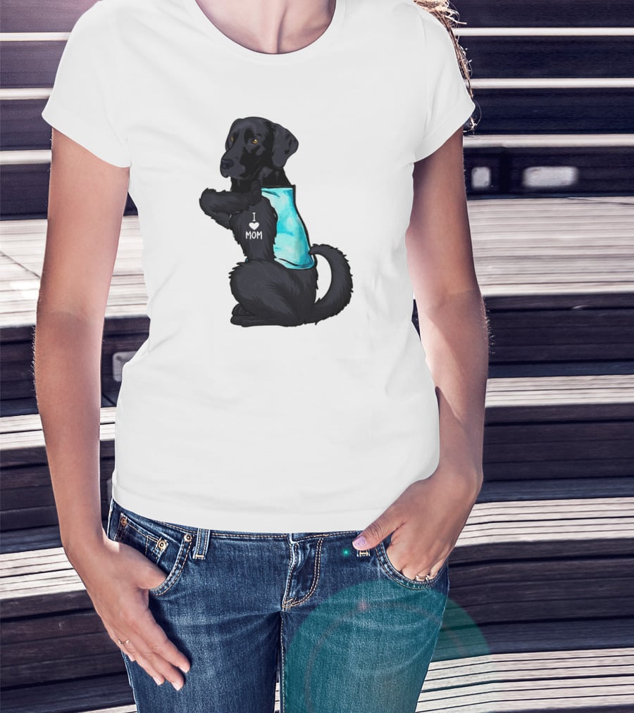 Black Labrador Dog With I Love Mom Heart Tattoo T-Shirt